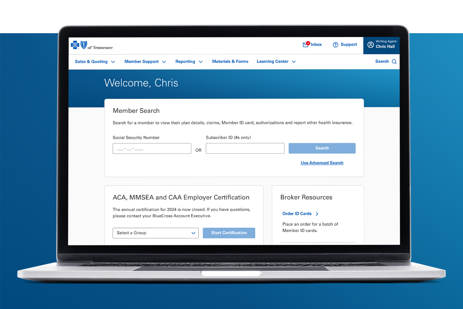 BlueCross BlueShield of Tennessee portal on a laptop showing member search and certification options.